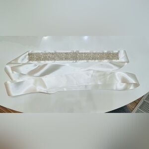 Brand New. Elegant White Satin Sash with Silver Embellishments